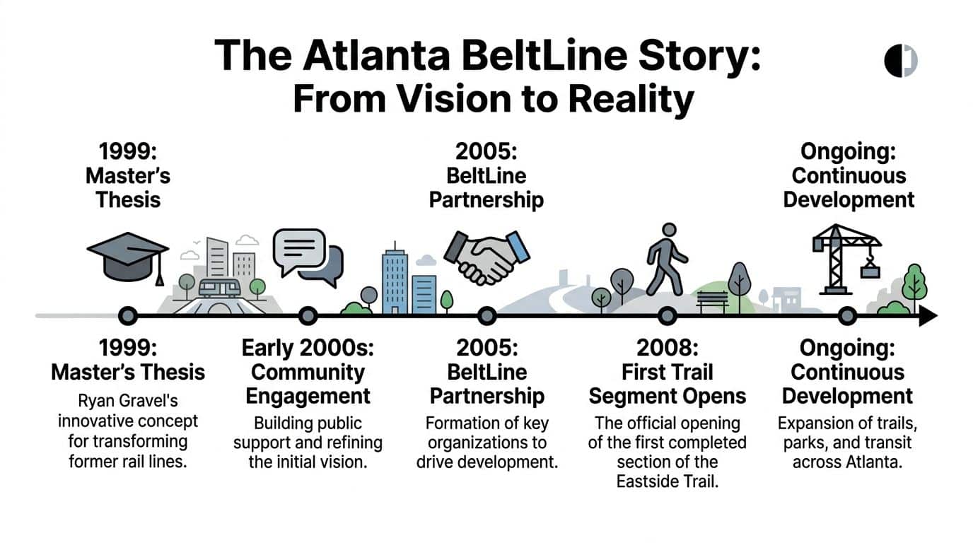 A timeline graphic illustrating the historical development milestones of the Atlanta BeltLine project from 1999 to present.