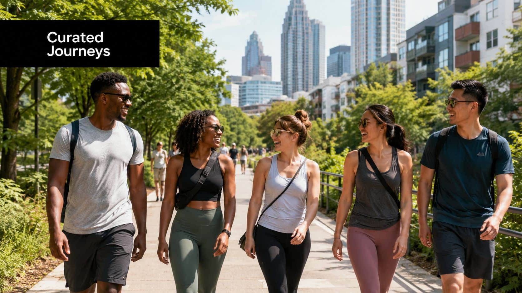 A diverse group of four friends walking and laughing together along the sunny Atlanta BeltLine city path.