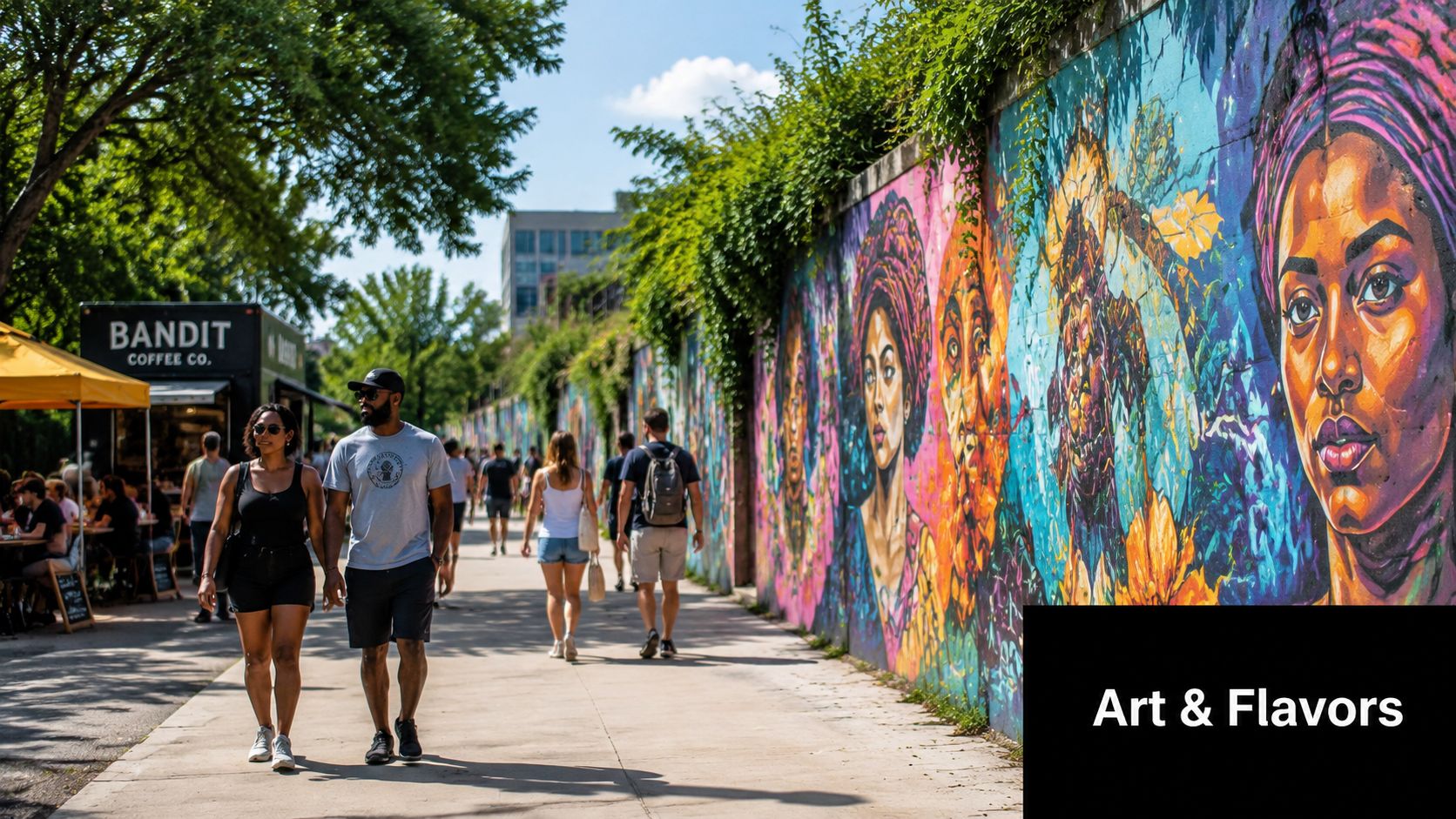 A couple walking along the colorful mural-covered wall of the Atlanta BeltLine near a coffee vendor.