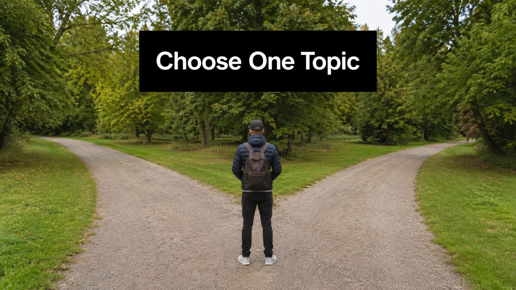 A person standing at a fork in a rural road with green trees on both sides.