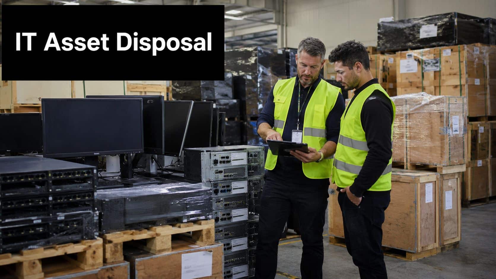 Two warehouse workers in yellow safety vests reviewing inventory data on a tablet in an IT depot.