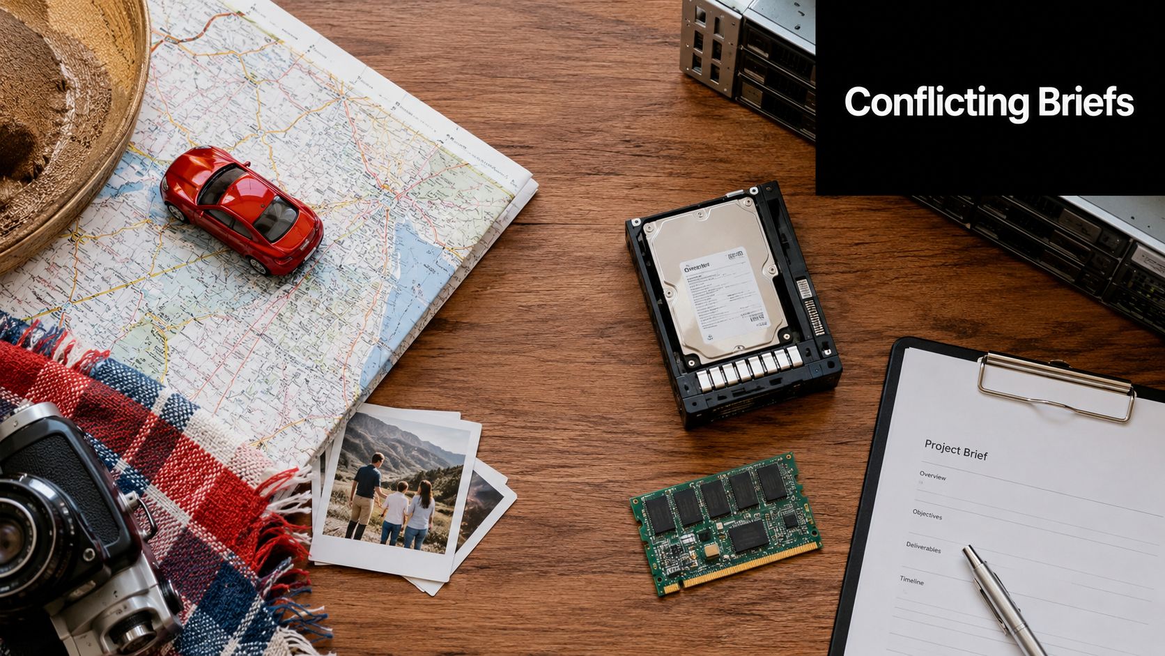 A travel-themed desk workspace featuring a road map, model car, hard drive, camera, and project brief document.