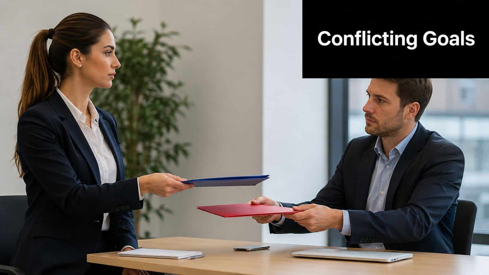 A professional man and woman in business attire exchanging folders across an office table.