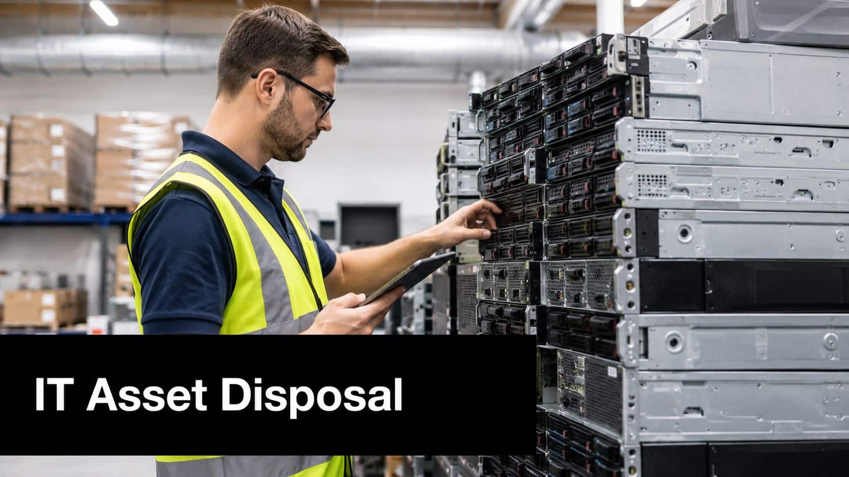 An IT technician in a safety vest using a tablet to audit stacked server equipment in a warehouse.