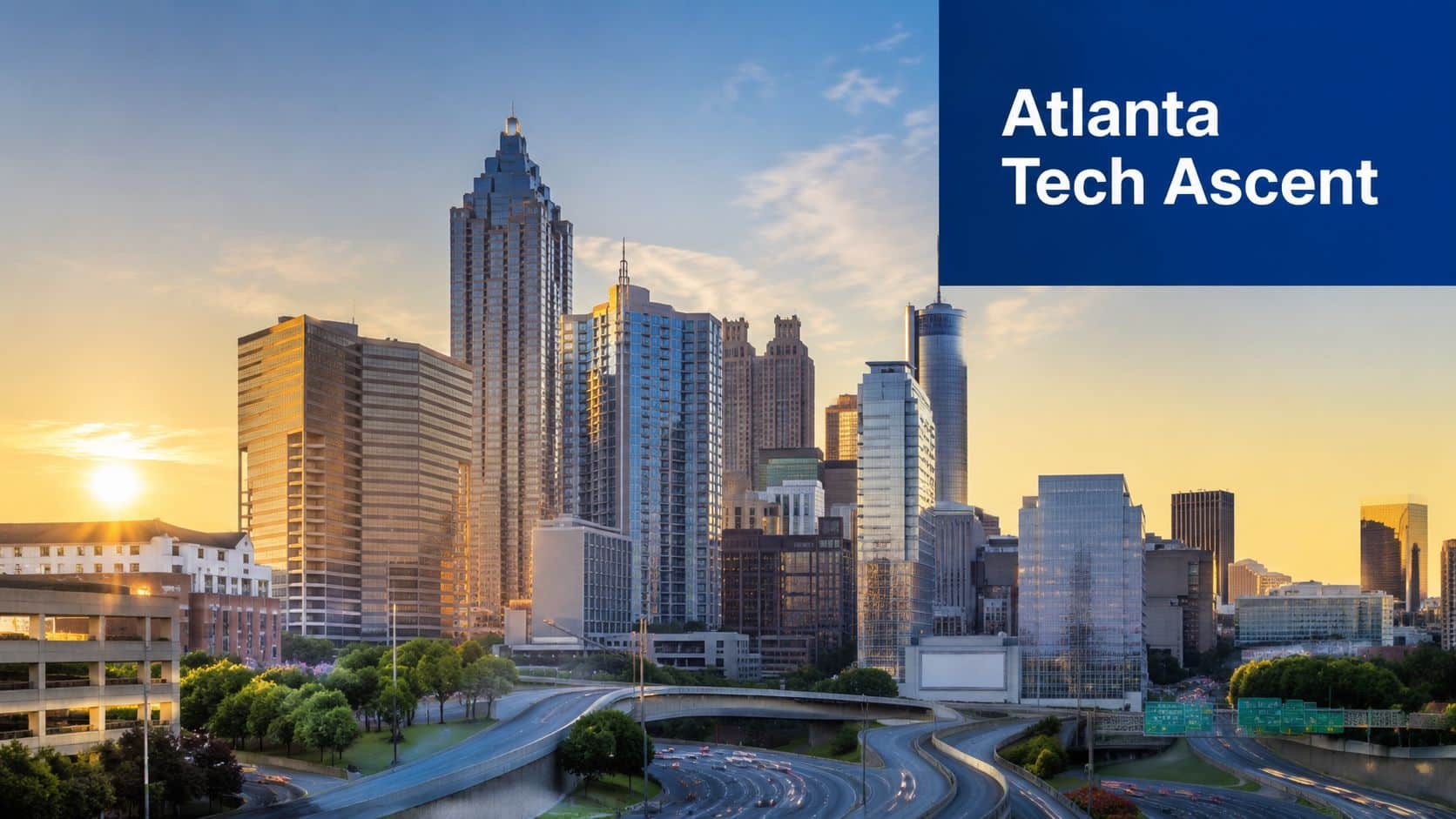 A stunning sunset view of the Atlanta skyline above a highway, highlighting the city's modern architecture.