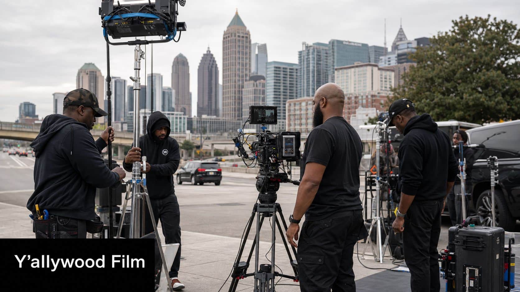 Film crew members operating a professional cinema camera in front of the Atlanta skyline outdoors.