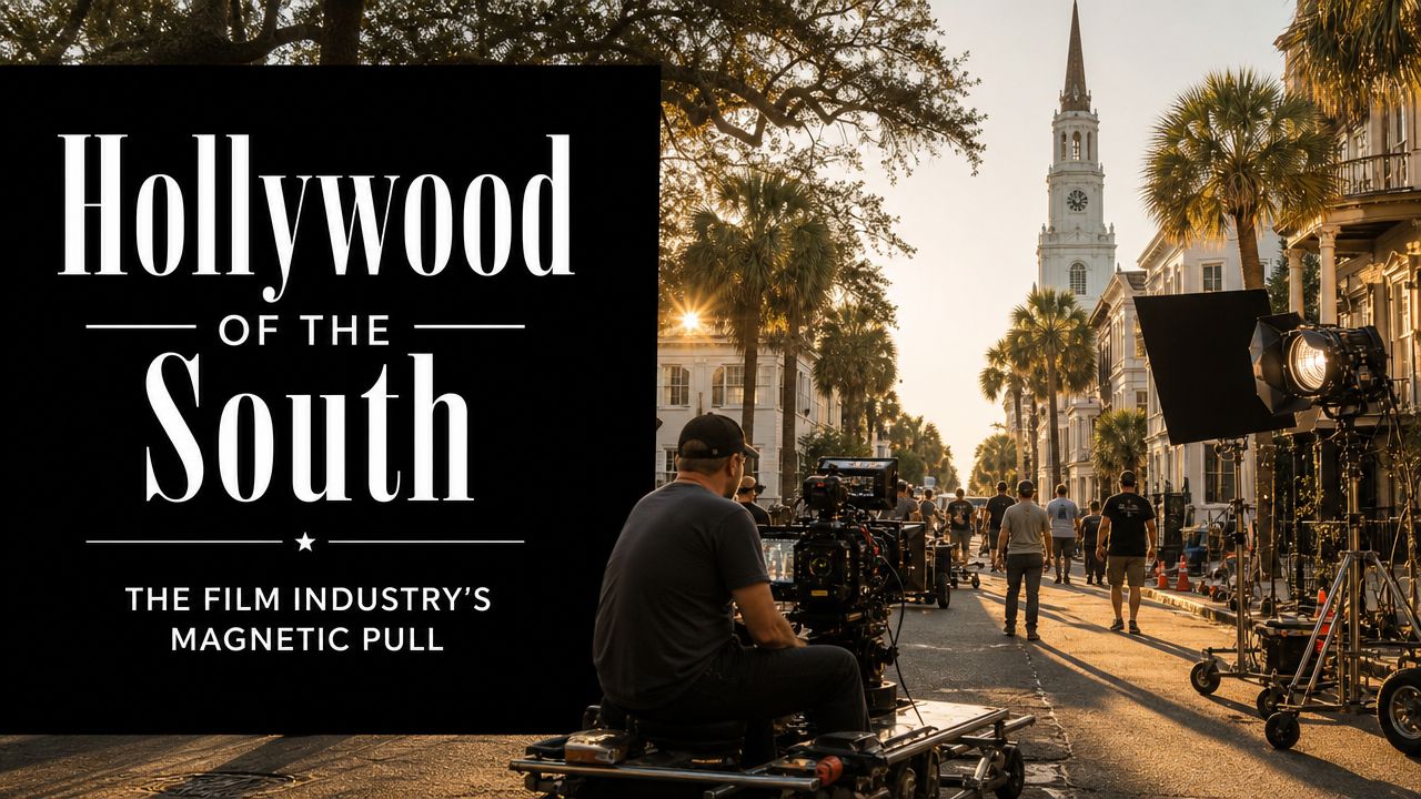 A film crew setting up cameras and lighting equipment on a sunlit historic street with a church steeple.
