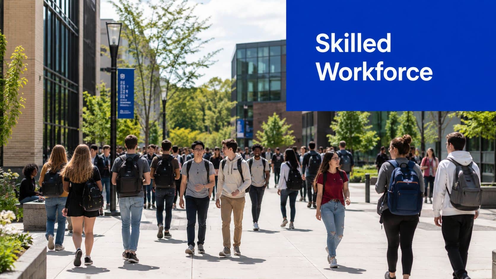 A diverse group of university students walking across a sunny campus path during the daytime.