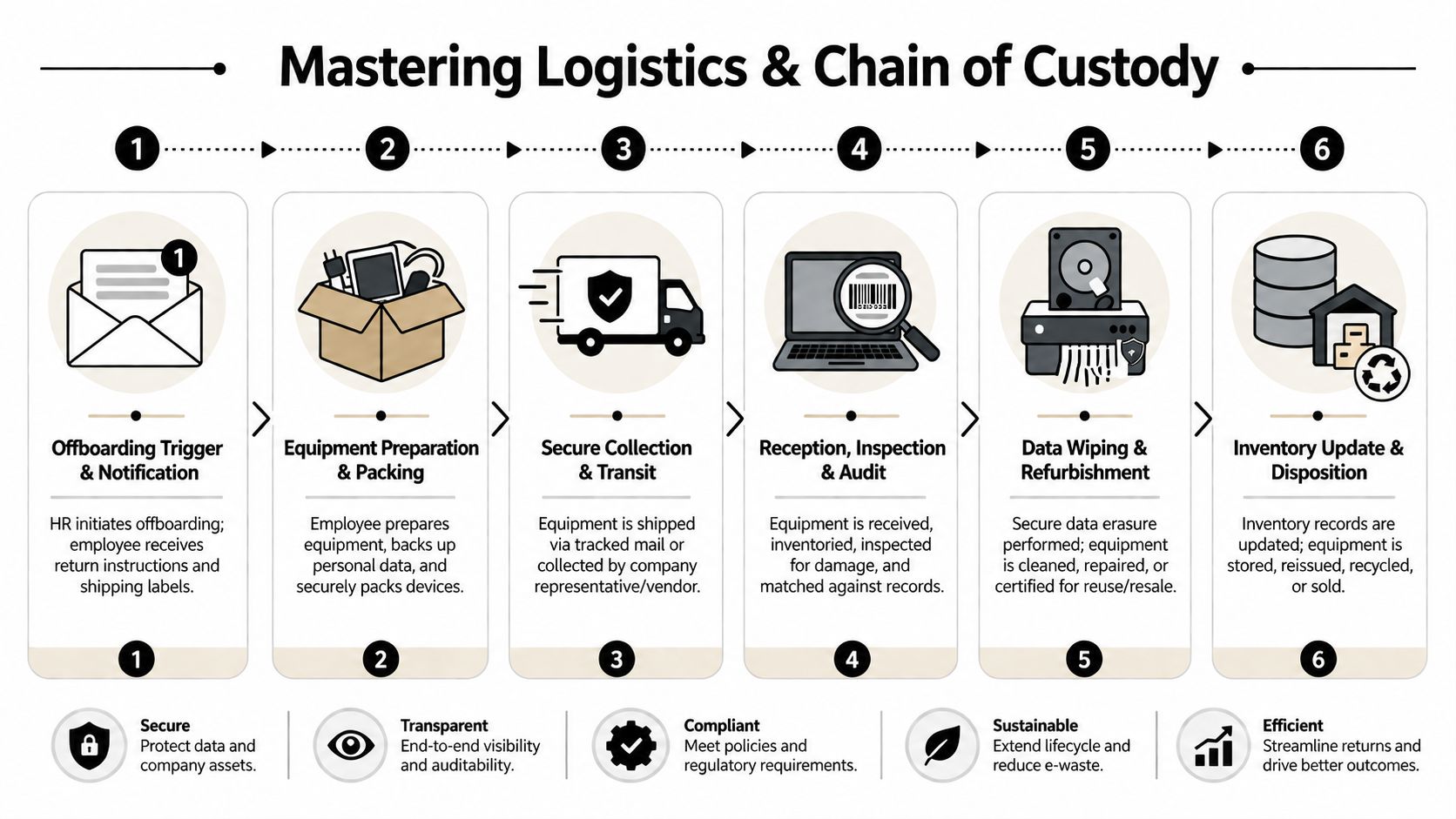 A six-step infographic illustrating the professional remote employee equipment return process for logistics and chain of custody.