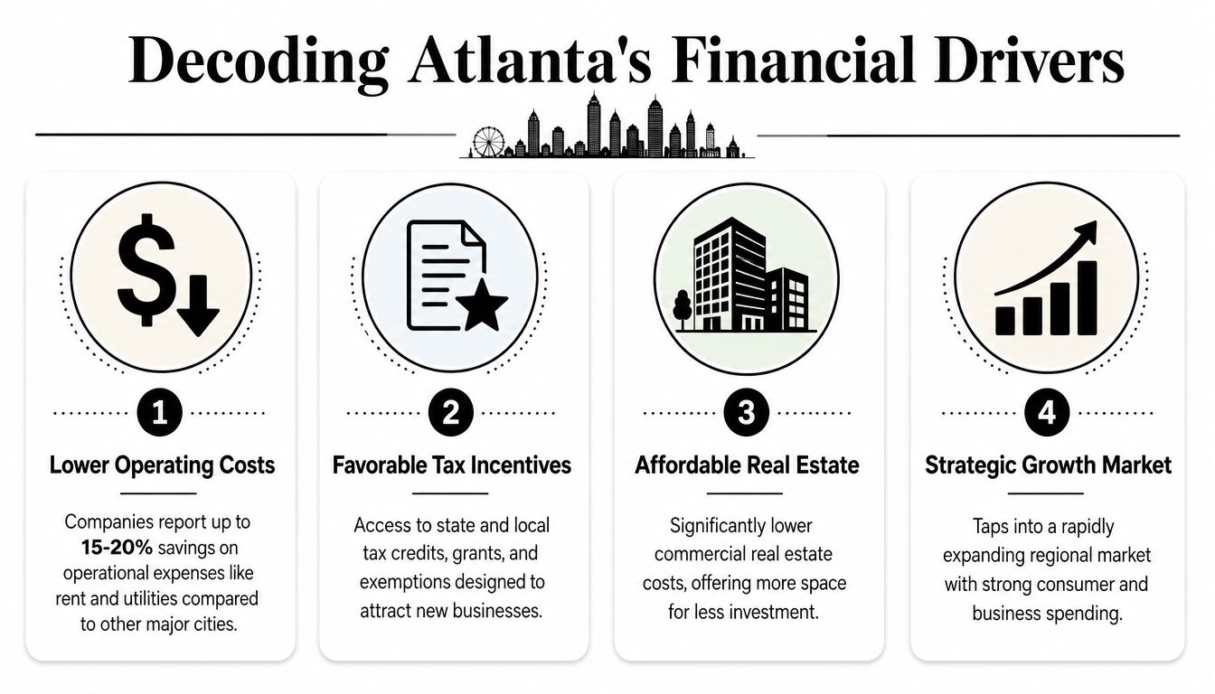 An infographic detailing four financial advantages for businesses moving to Atlanta, including cost, tax, and growth benefits.