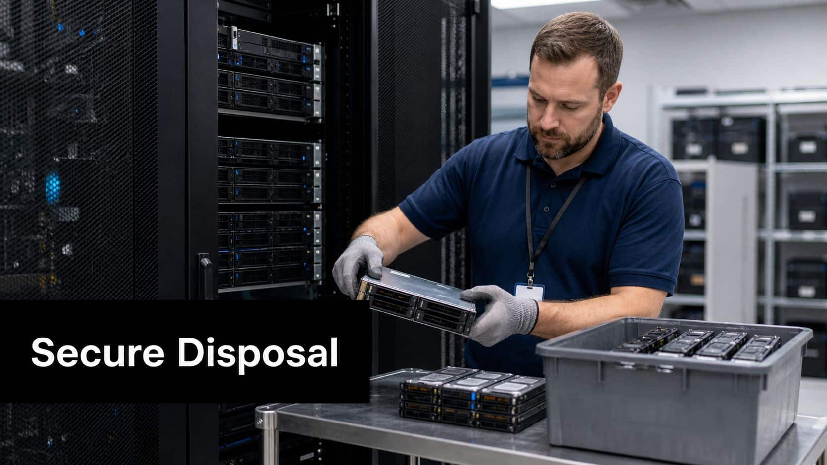A technician wearing protective gloves handling server hard drives for secure disposal in a modern data center.