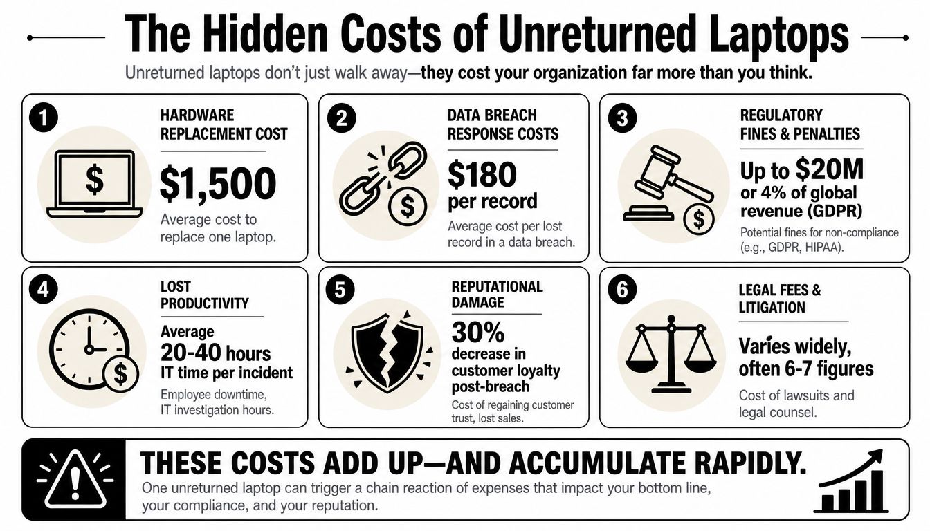 An infographic detailing the six hidden financial and regulatory costs associated with unreturned company laptops.