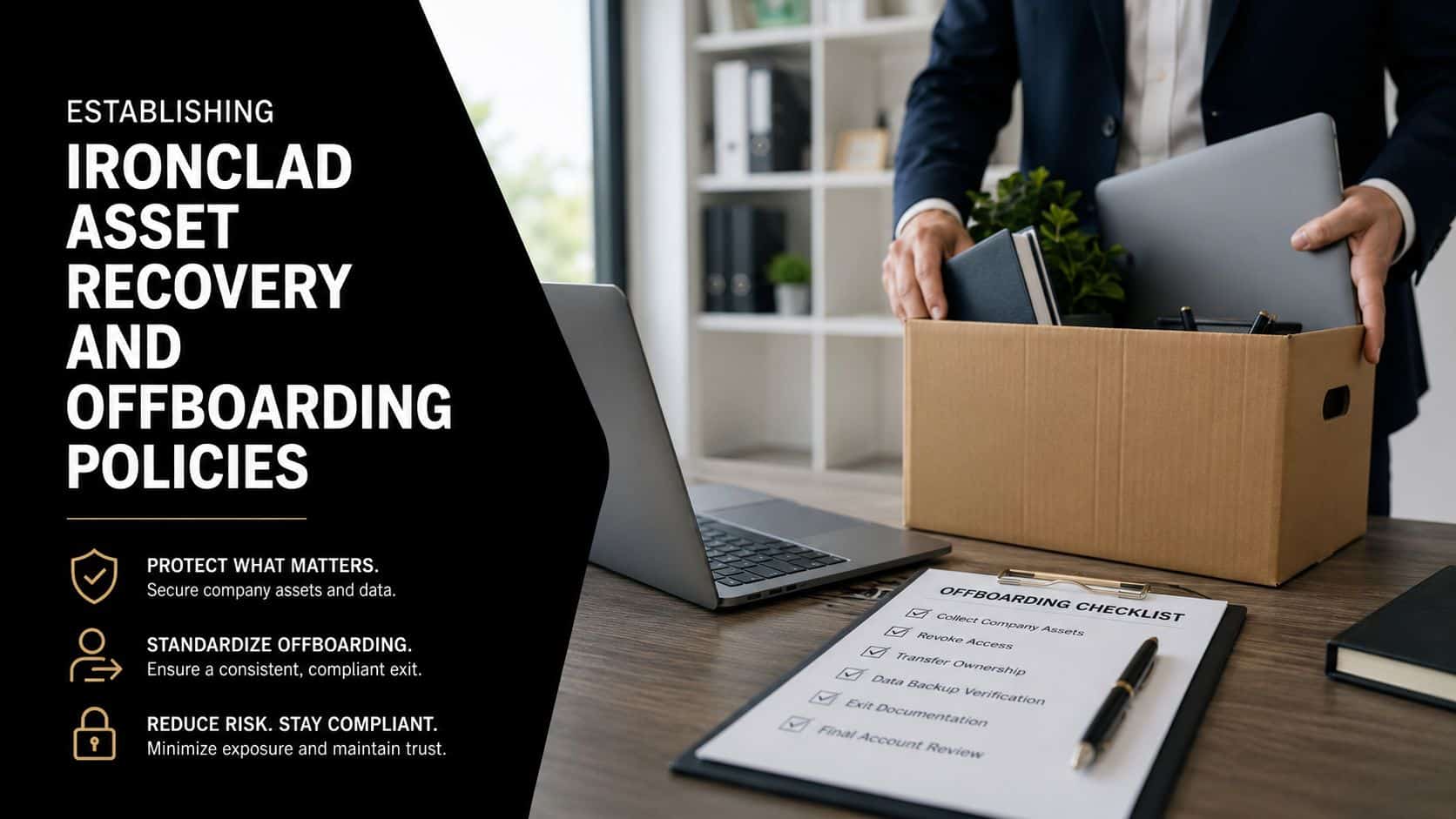 A professional desk workspace featuring an offboarding checklist, a packing box, and a laptop for employee exit procedures.