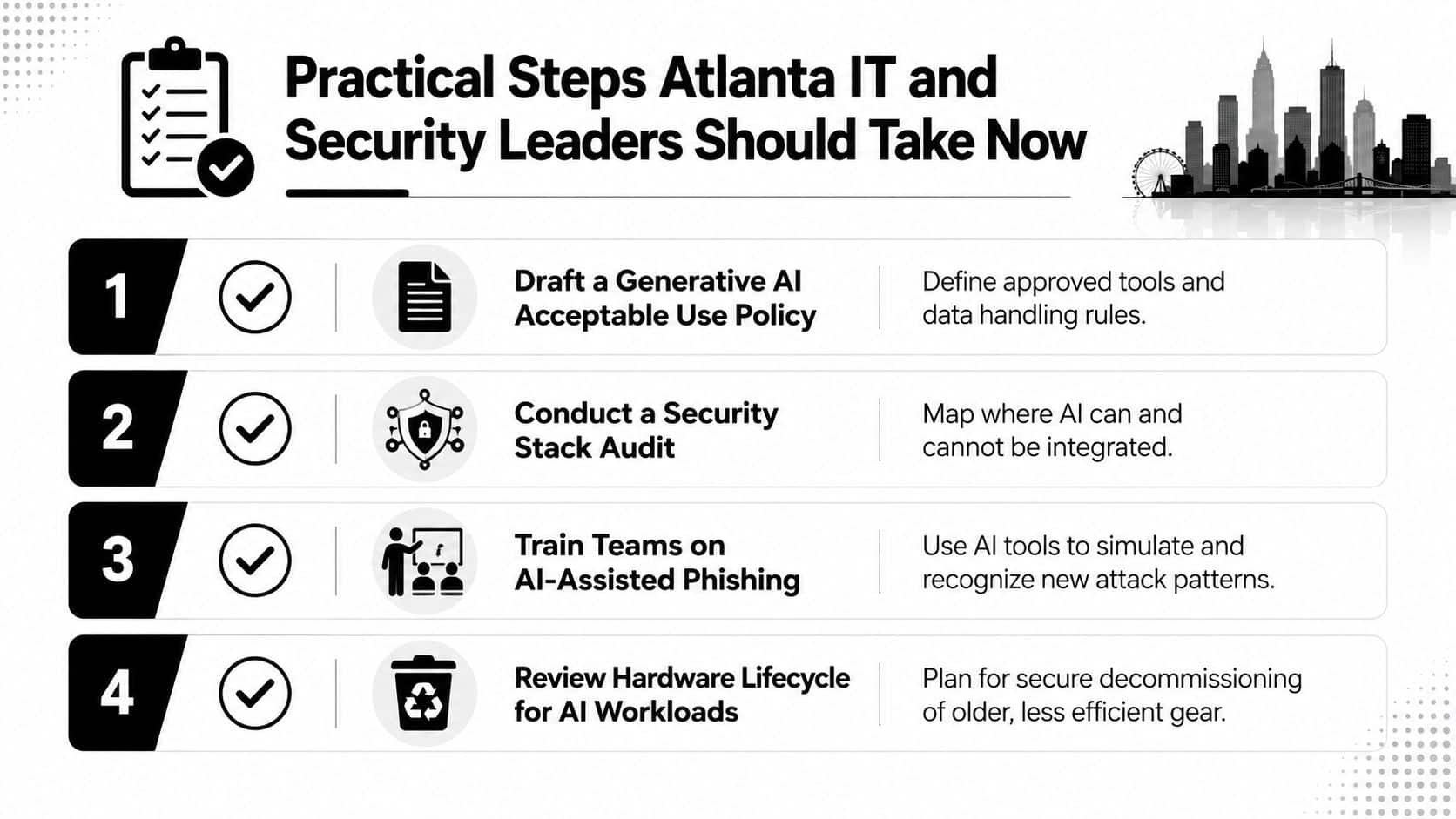 A checklist infographic listing four practical steps for Atlanta IT and security leaders to manage AI technology.