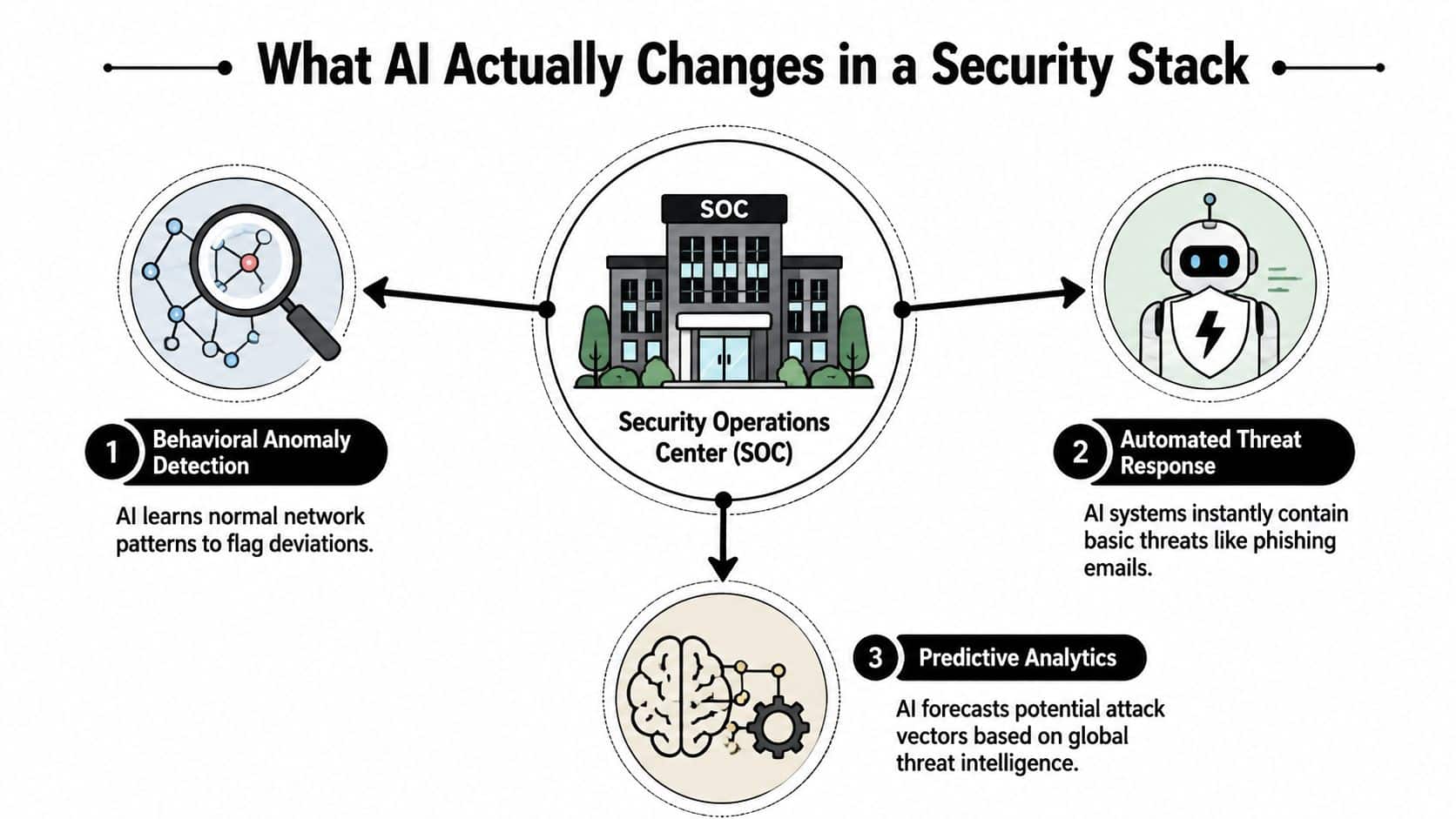 A diagram illustrating how artificial intelligence improves Security Operations Centers through behavioral anomaly detection, automated response, and predictive analytics.