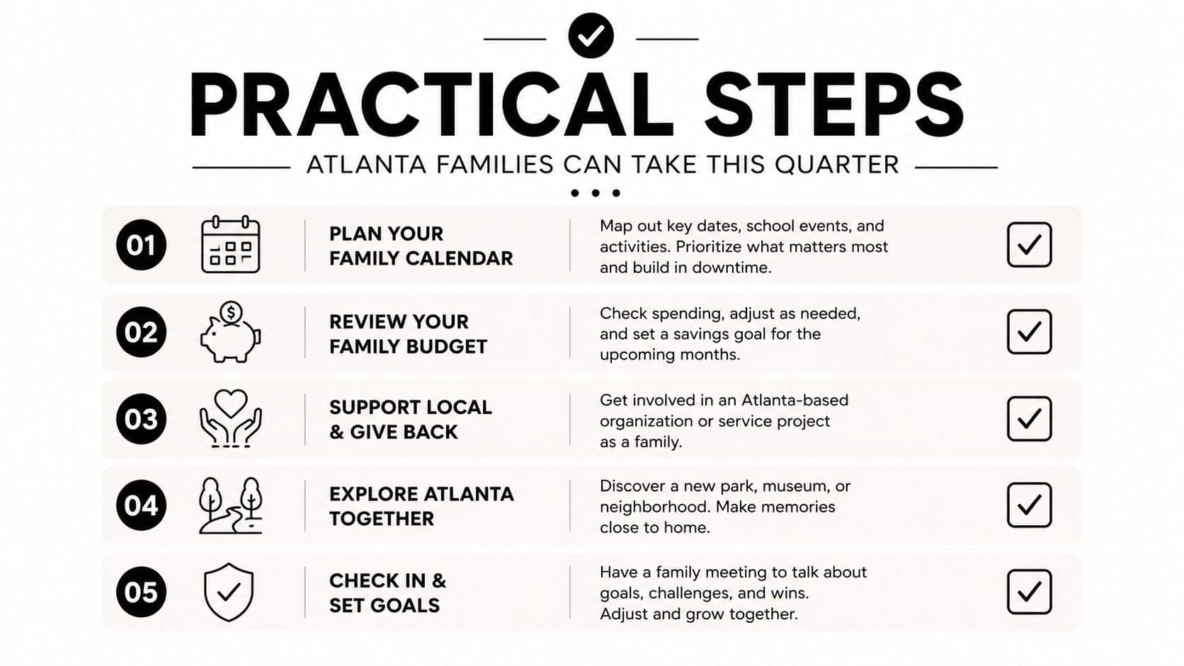 A list of five practical steps for Atlanta families to manage their schedule, budget, and community involvement.