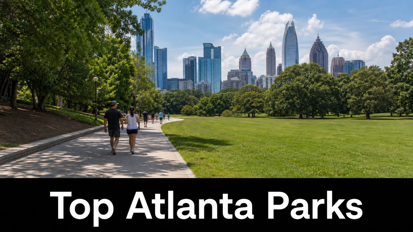 A scenic view of a park path in Atlanta with a city skyline backdrop and people walking.