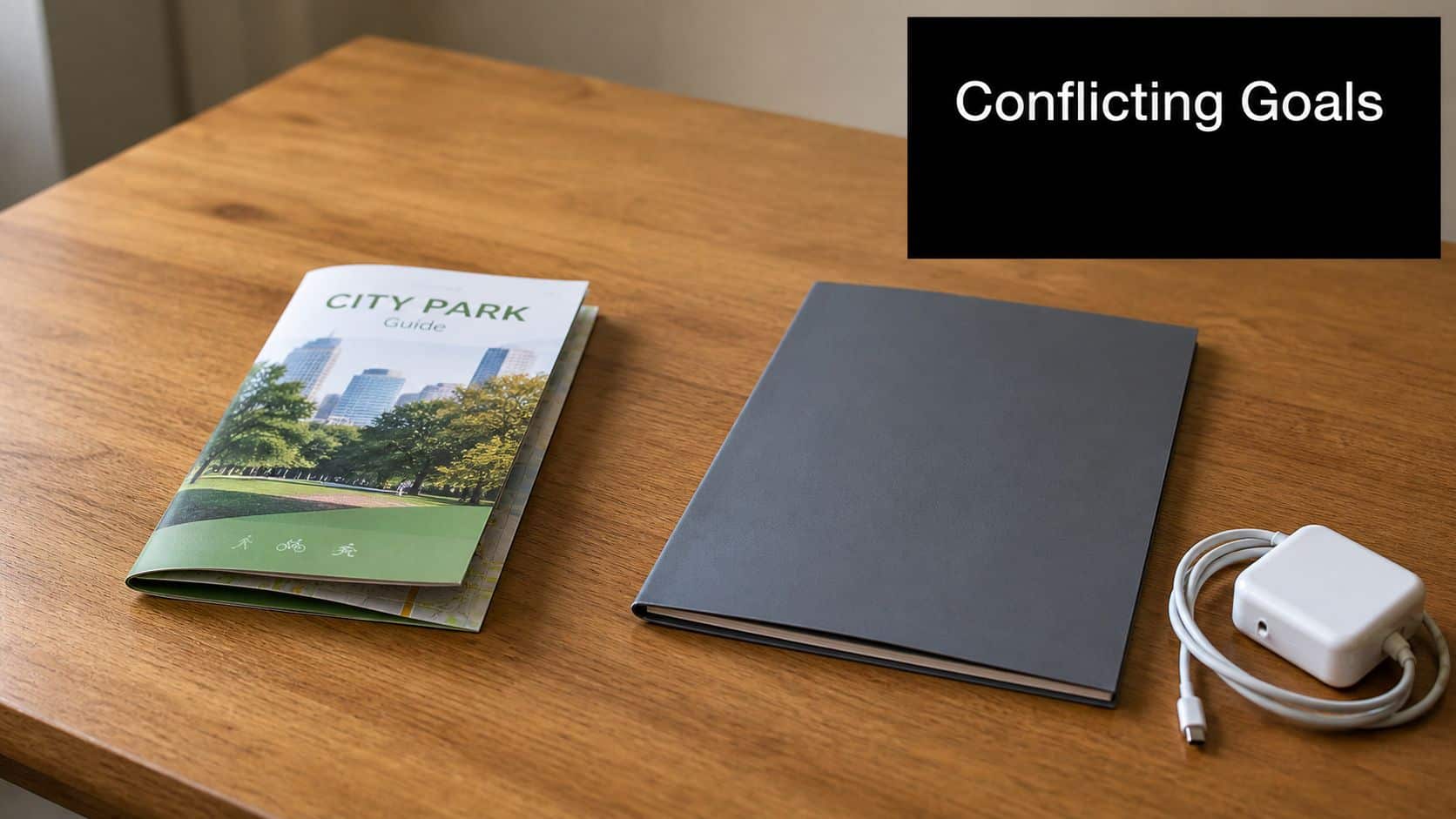 A city park guide brochure, a grey notebook, and a charger resting on a wooden desk.