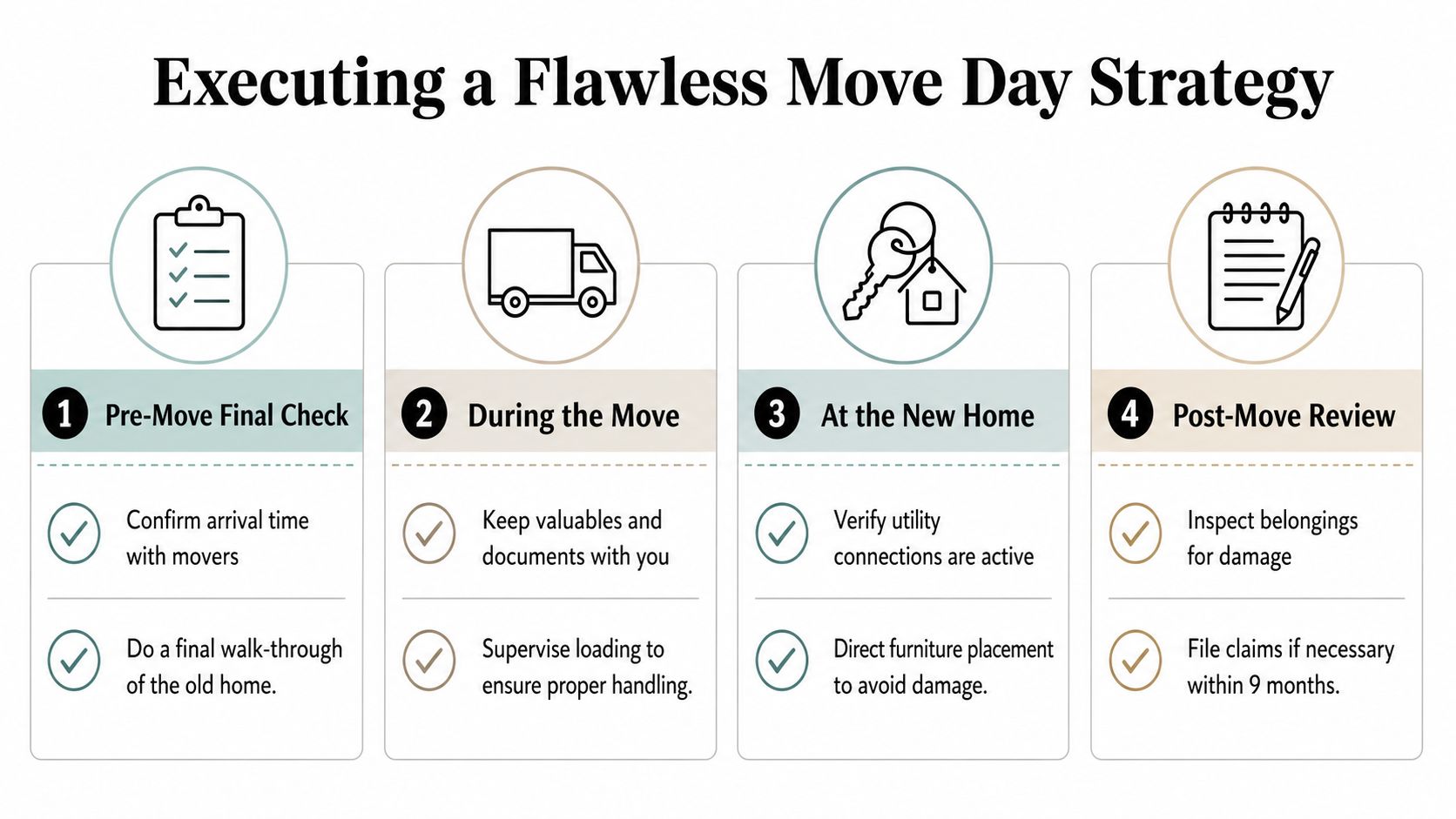 A four-step infographic showing a checklist for executing a flawless moving day strategy for a home.