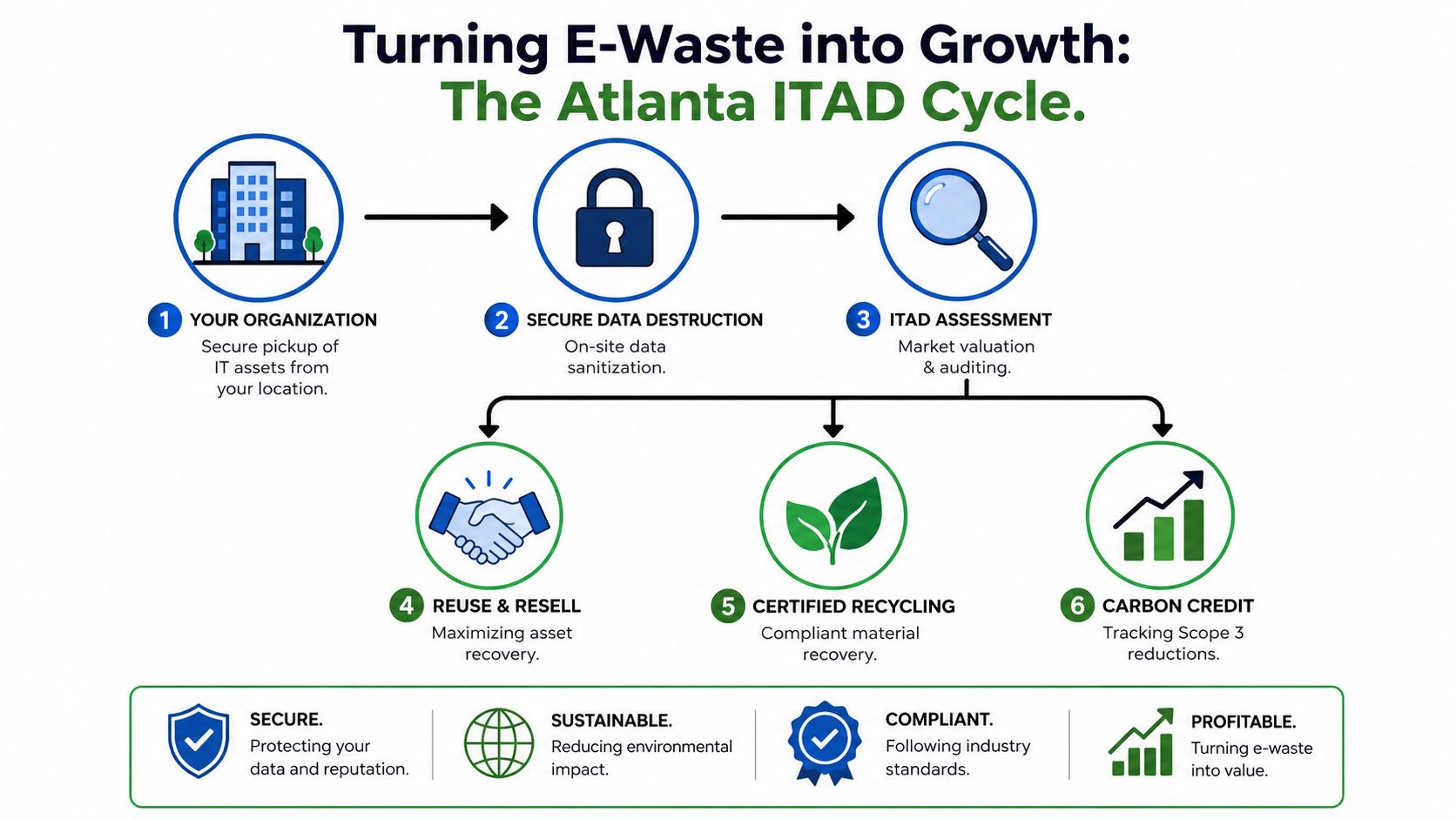 A diagram illustrating the Atlanta ITAD cycle for recycling e-waste into sustainable and profitable business growth.