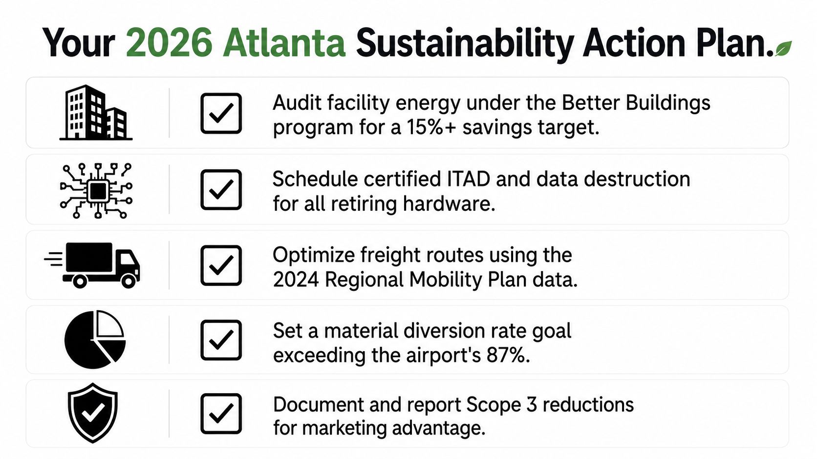 A checklist graphic titled Your 2026 Atlanta Sustainability Action Plan featuring five actionable corporate environmental goals.