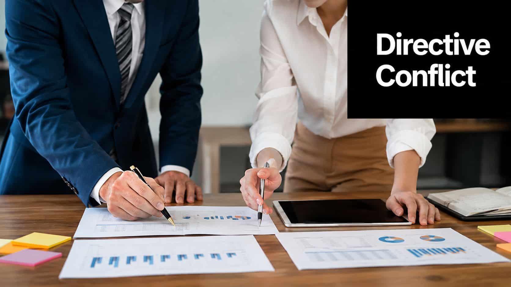 A professional man and woman in business attire analyzing financial charts and data on a desk.