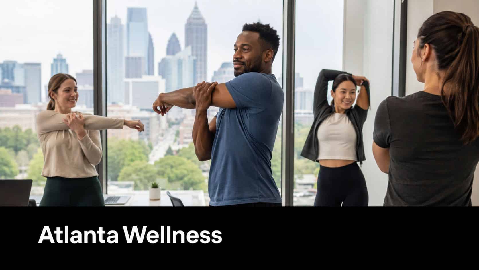A diverse group of colleagues stretching their arms during a wellness break in an Atlanta office.