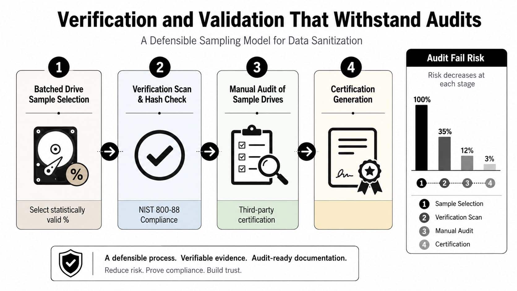 A four-step infographic illustrating a defensible data sanitization process to ensure audit-ready compliance for secure drive disposal.