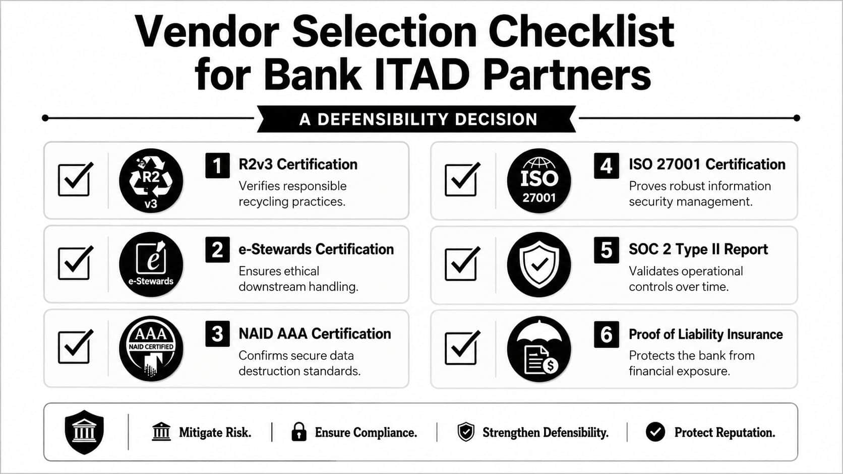 A checklist for selecting ITAD partners for banks, outlining six critical certifications and insurance requirements for security.
