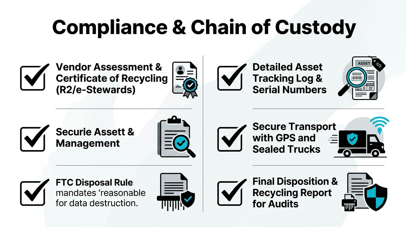 A professional infographic titled Compliance and Chain of Custody illustrating six key components of secure business e-waste recycling.