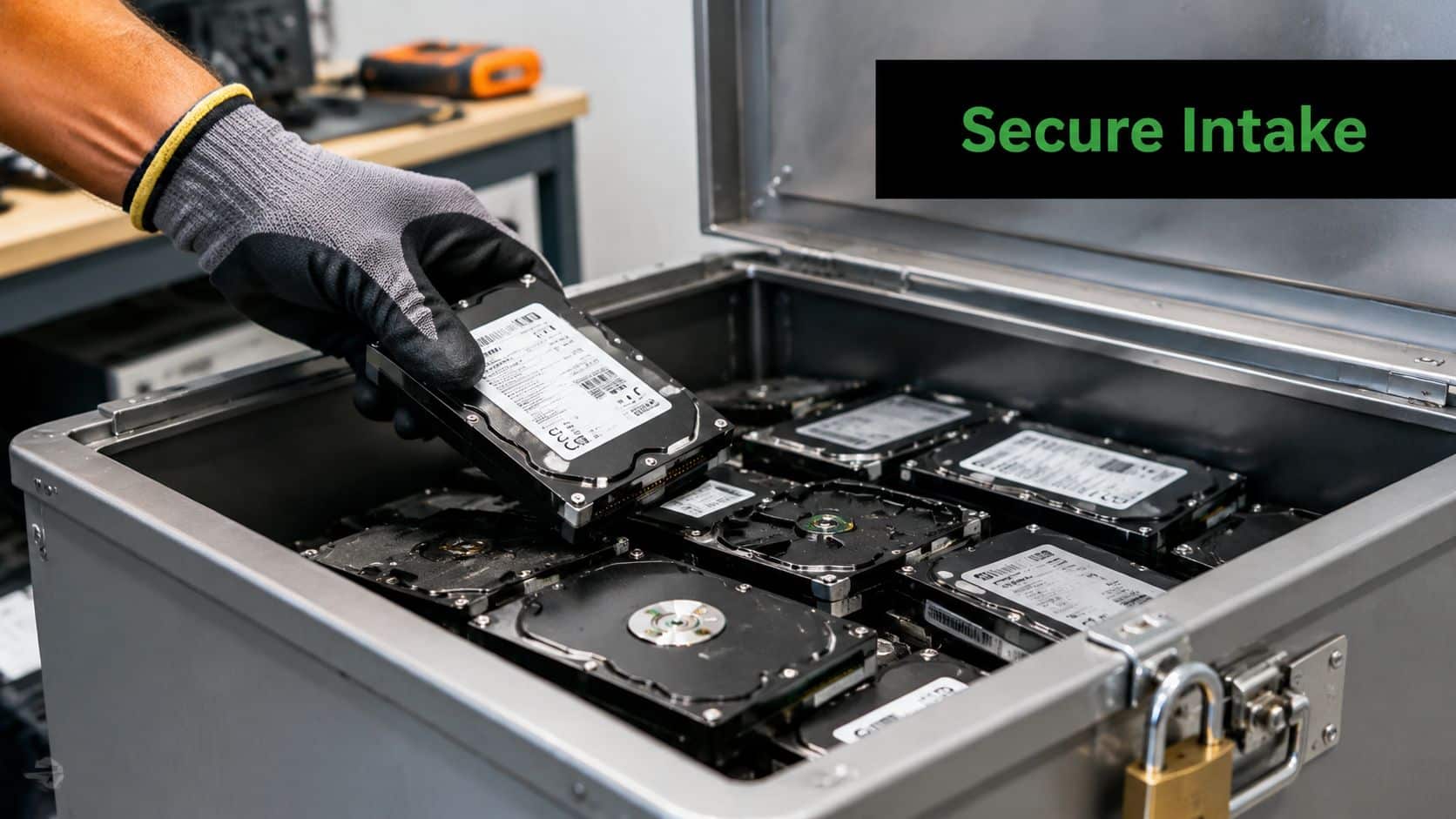 A person wearing protective gloves places a hard drive into a secure metal collection bin for recycling.