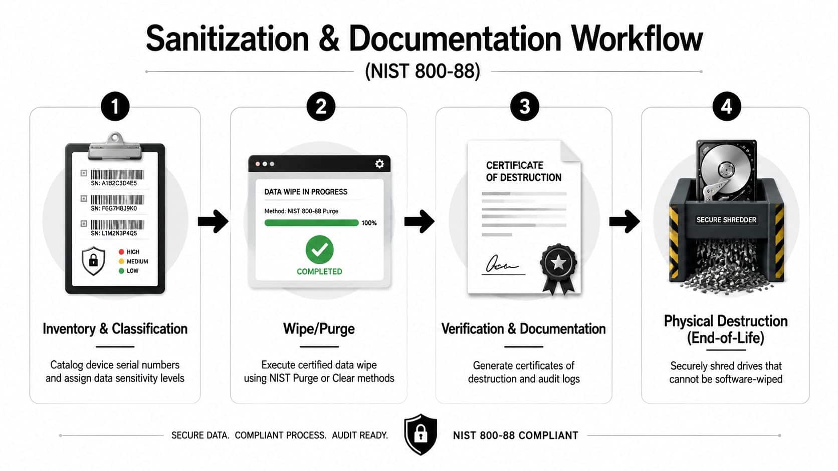 A four-step infographic illustrating the NIST 800-88 compliant workflow for secure data sanitization, documentation, and hardware destruction.