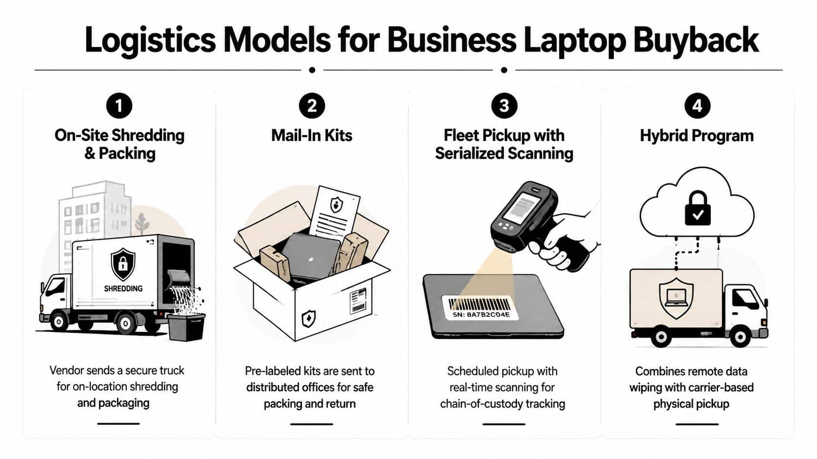 An infographic showing four logistics models for a business laptop buyback program including shredding, shipping, scanning, and hybrid.