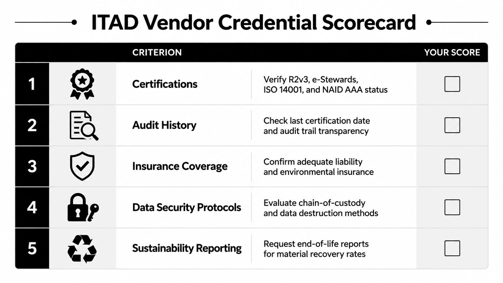 A checklist table titled ITAD Vendor Credential Scorecard with five evaluation criteria for choosing a vendor.