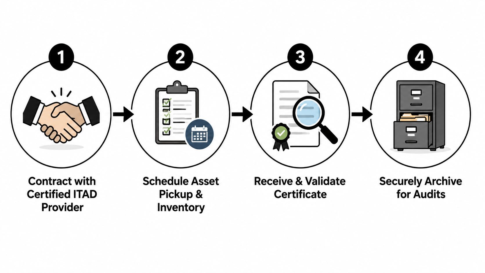 A four-step infographic illustrating the IT asset disposal process from initial contract to final document archival.