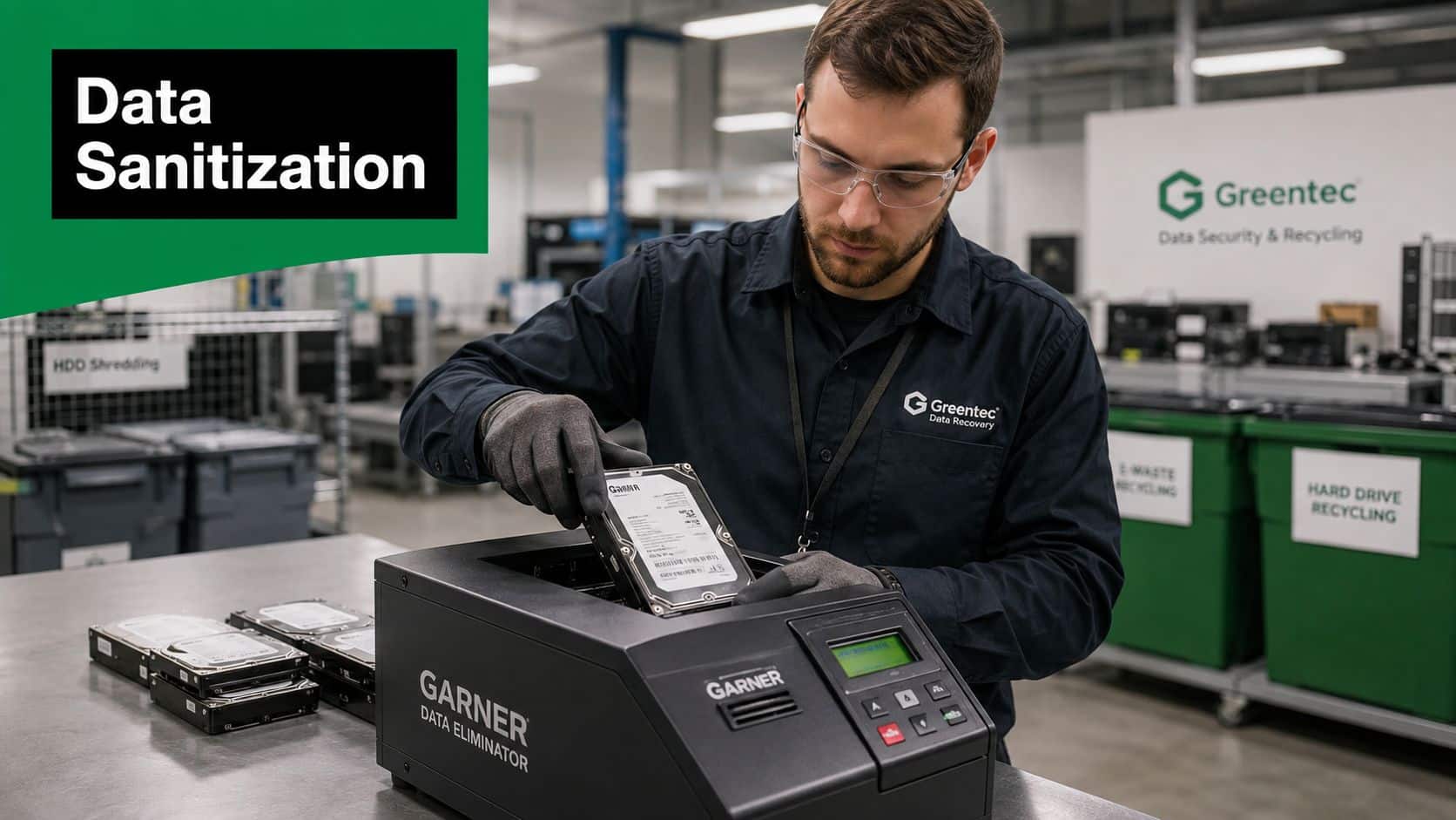 A professional technician wearing safety glasses and gloves sanitizing a hard drive using a Garner data eliminator machine.