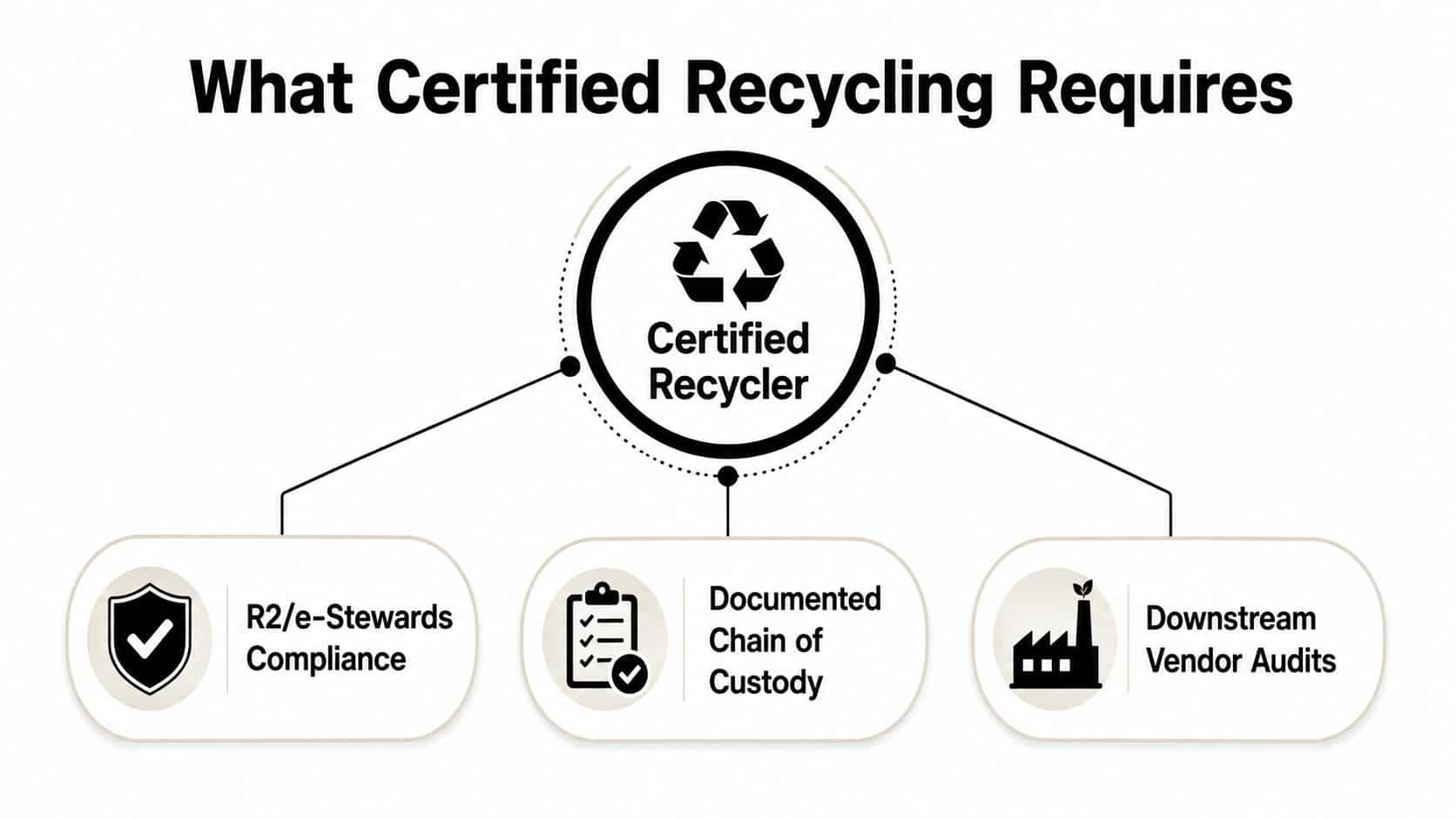 A diagram explaining the requirements for certified e-waste recyclers including R2/e-Stewards compliance, documented chain of custody, and downstream vendor audits.