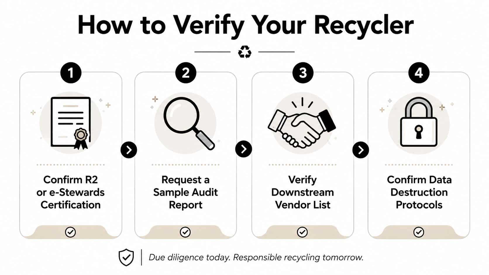 A four-step infographic guide on how to verify professional and responsible e-waste recycling service providers.