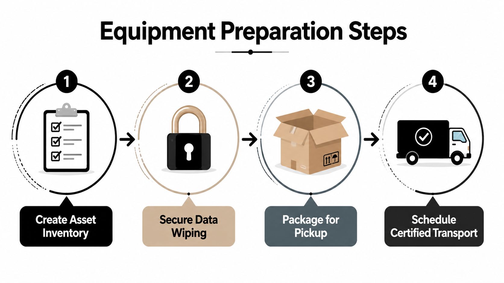 A four-step infographic illustrating the process for preparing electronics equipment for secure and certified recycling.