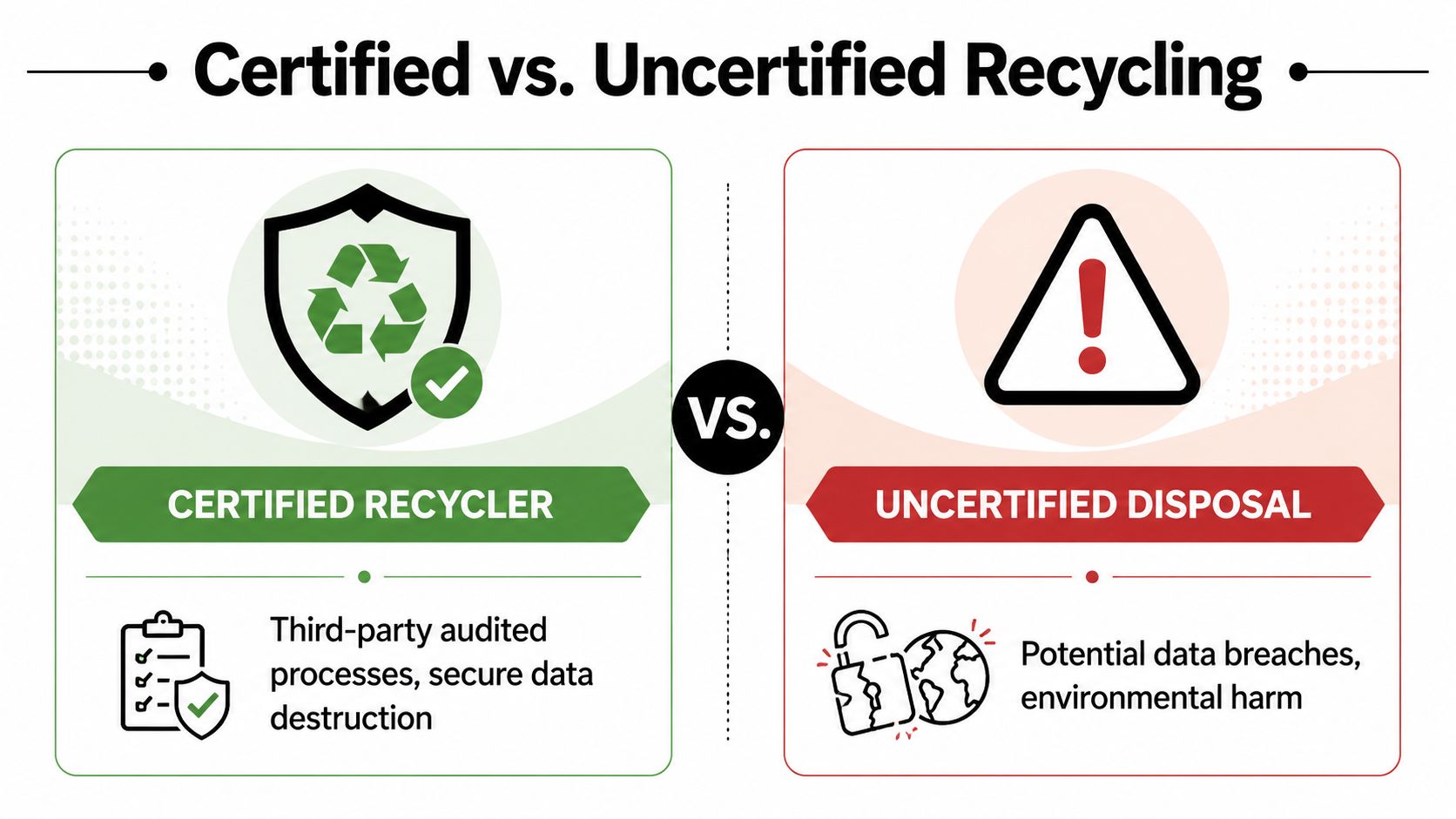 A comparison infographic showing the benefits of certified recycling versus the risks of uncertified disposal.