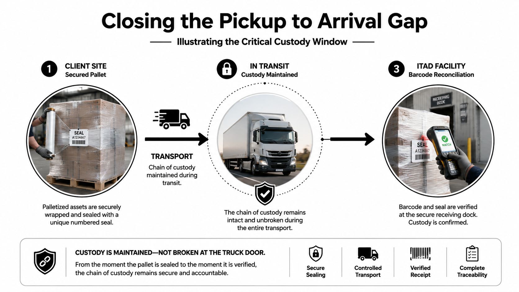 A diagram illustrating the secure chain of custody process for IT asset disposal from pickup to delivery.