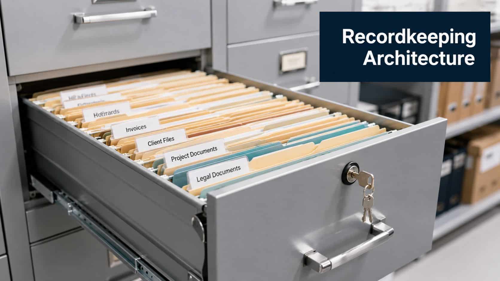 An open metal filing cabinet drawer containing organized hanging file folders labeled with various business document categories.