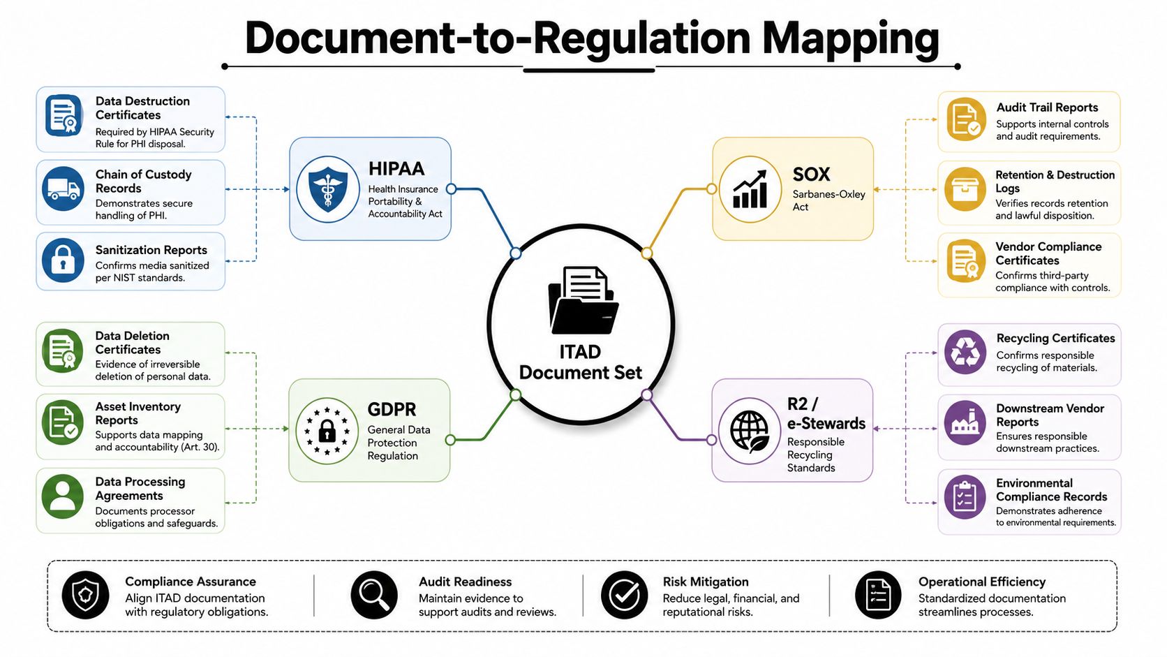 A diagram mapping ITAD document sets to regulatory frameworks like HIPAA, GDPR, SOX, and R2 standards.
