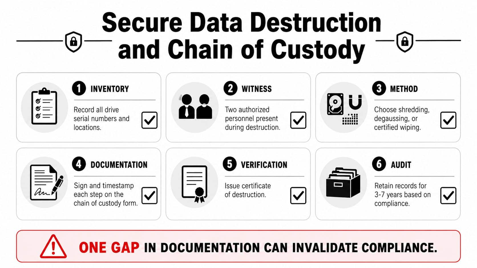 An infographic illustrating six essential steps for secure data destruction and maintaining a proper chain of custody.