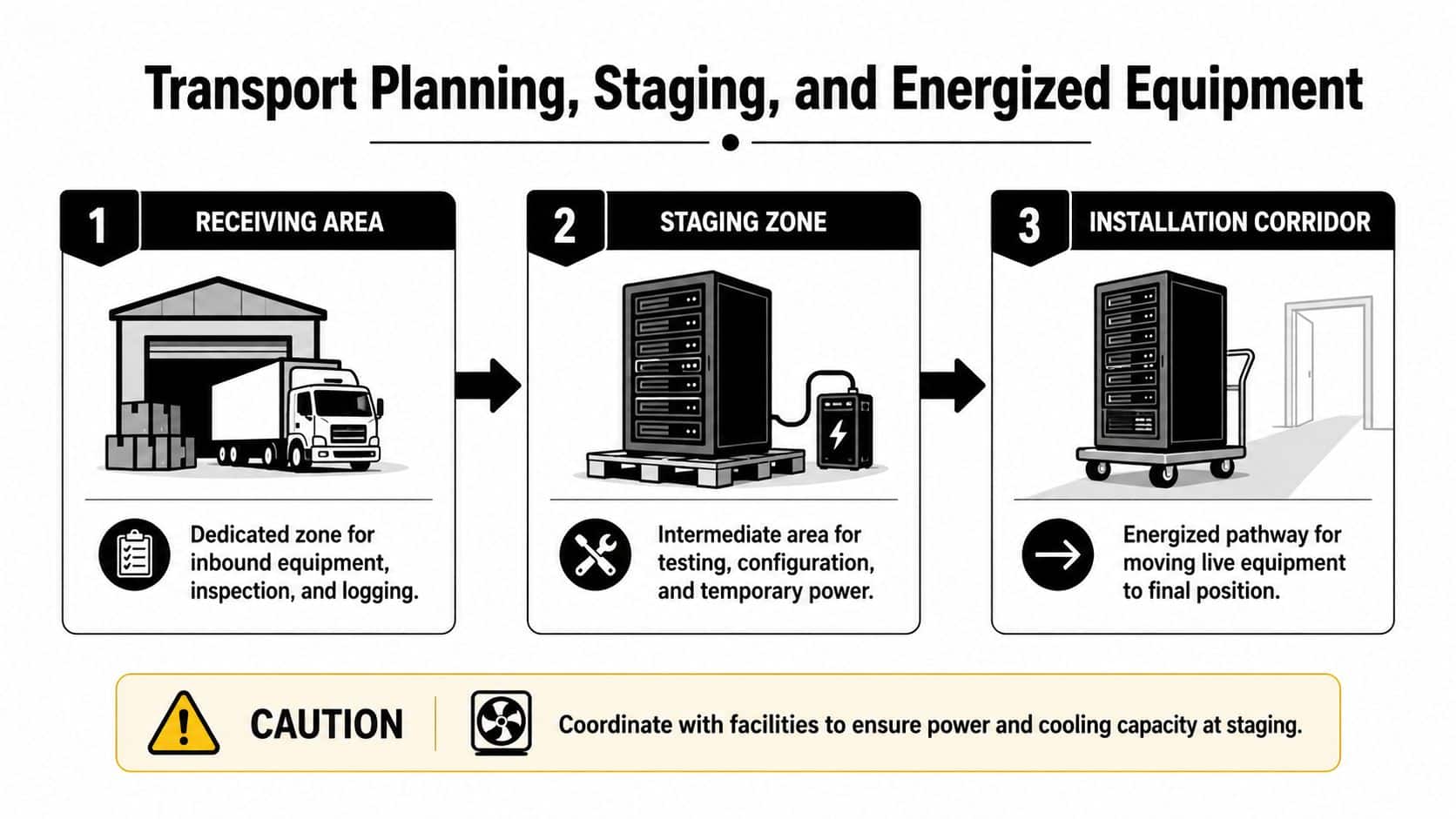 A three-step infographic showing the logistics workflow for transport planning, staging, and moving energized data center equipment.