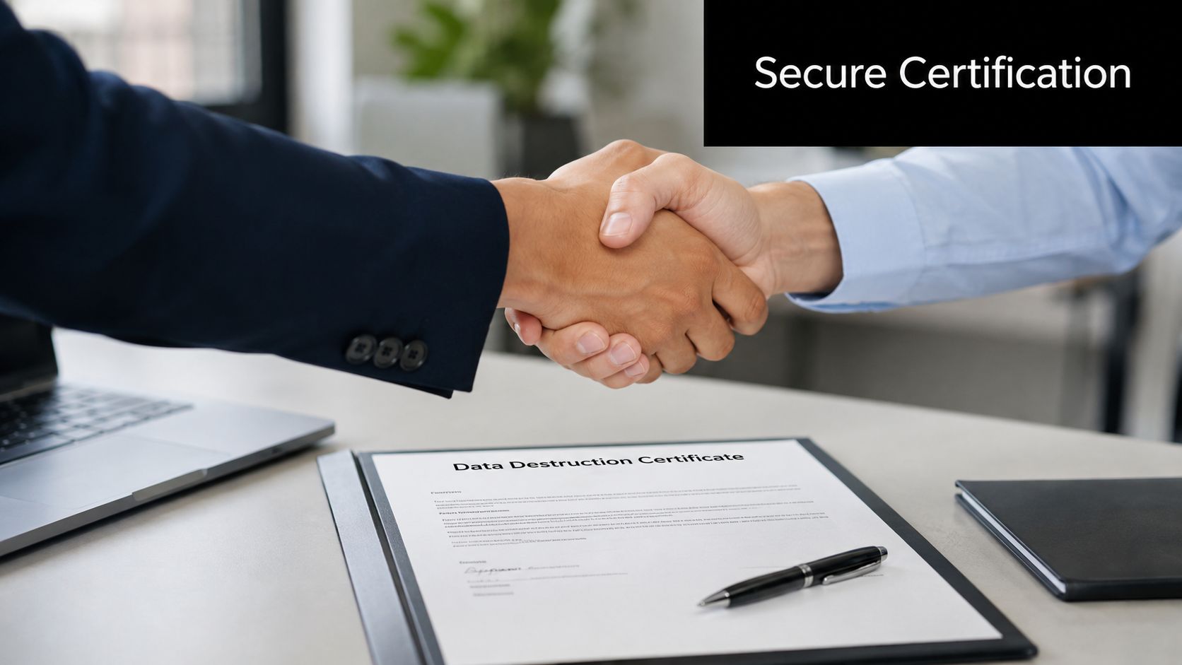 Two business professionals shaking hands over a desk with a signed data destruction certificate and laptop.