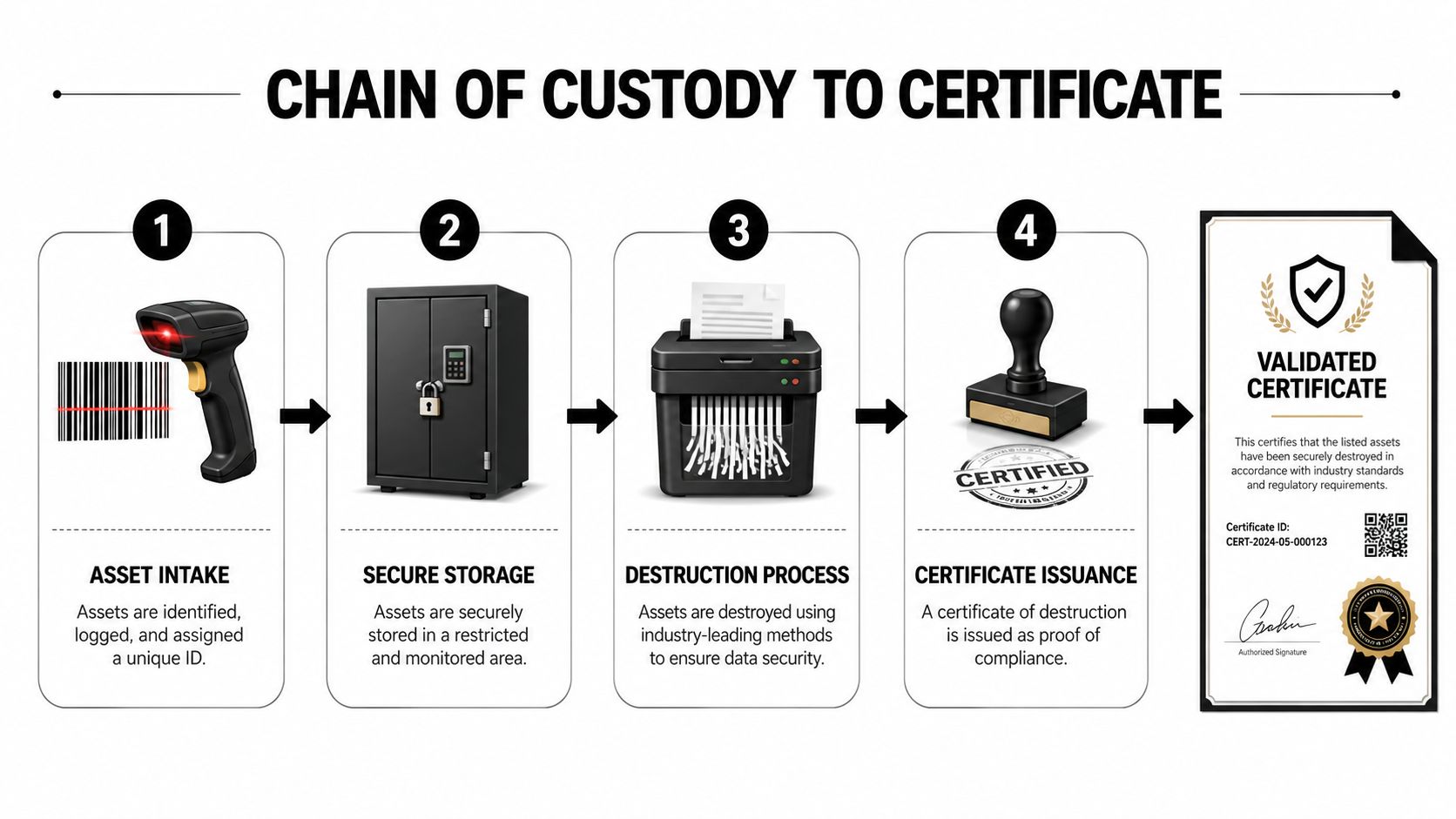 A four-step infographic illustrating the professional data destruction process from asset intake to final certificate issuance.