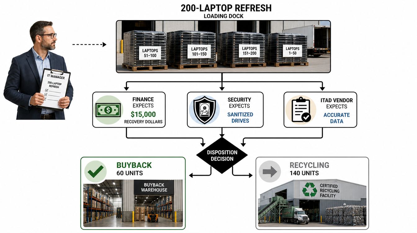 An IT manager manages the lifecycle of 200 laptops, including financial recovery, security sanitization, and final disposition.
