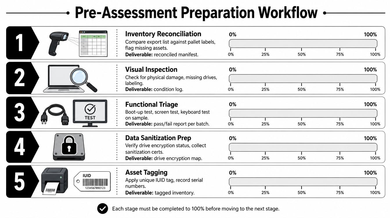 A five-step pre-assessment preparation workflow chart illustrating the industrial process for inventory and hardware quality control.