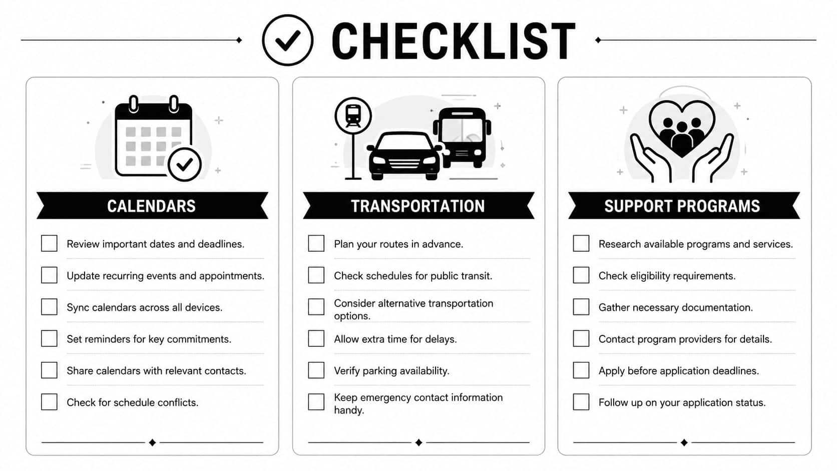 A checklist infographic titled CHECKLIST with three columns for Calendars, Transportation, and Support Programs for school planning.